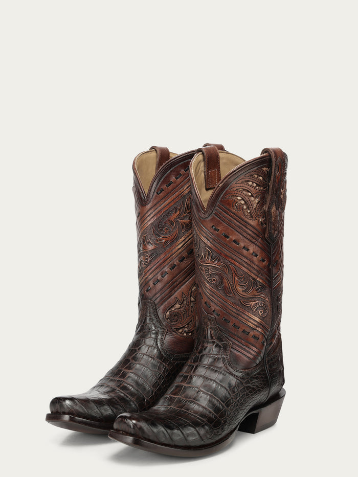 A5100 - MEN'S TOOLED AND HANDWOVEN HONEY ALLIGATOR NARROW SQUARE TOE COWBOY BOOT