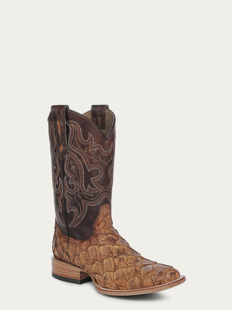 B5004 - MEN'S COGNAC EMBROIDERY SAND FISH PIRARUCU WIDE SQUARE TOE COWBOY BOOT