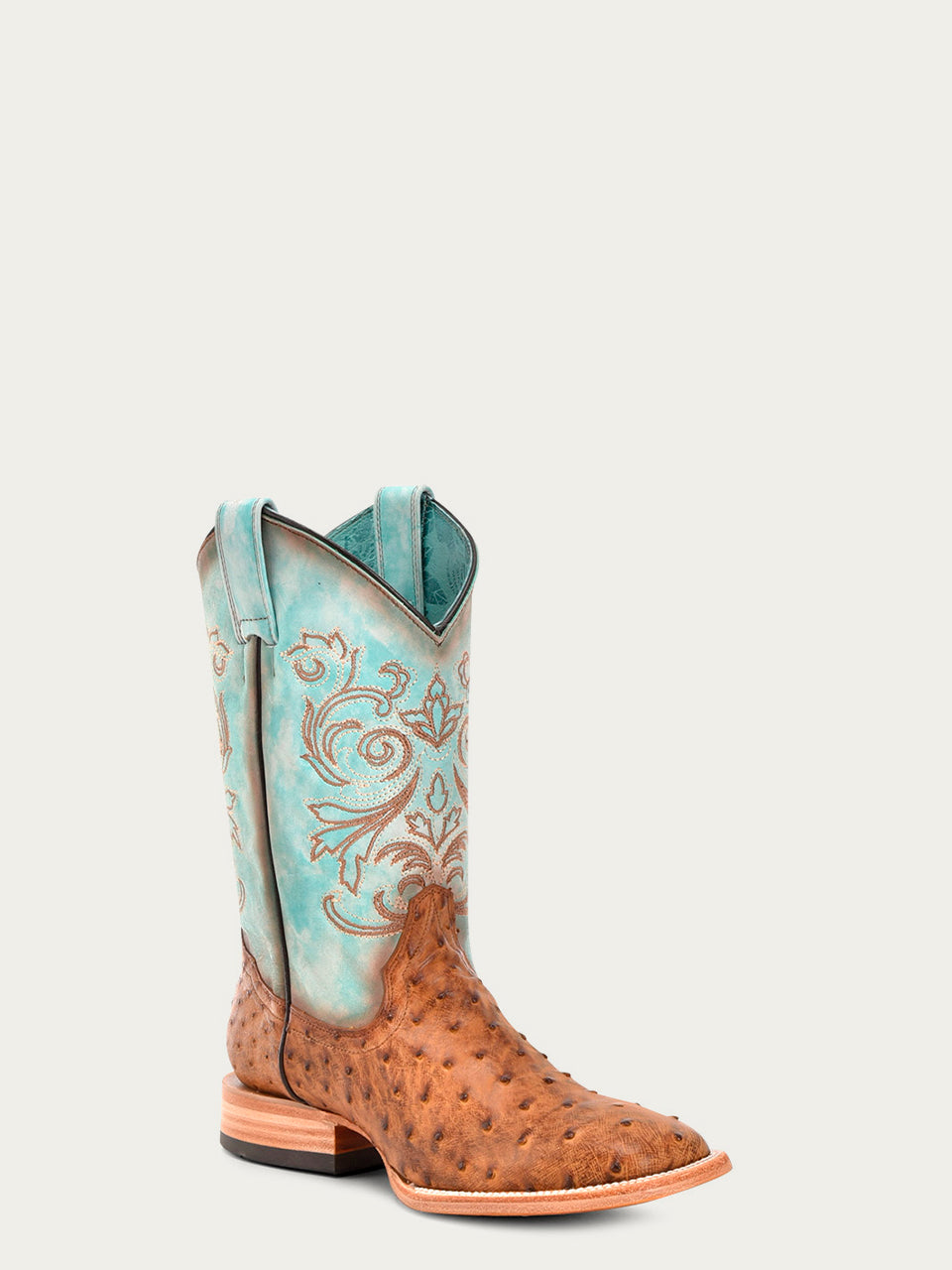 B5006 - WOMEN'S HONEY EMBROIDERY AND OSTRICH BLUE WIDE SQUARE TOE COWBOY BOOT