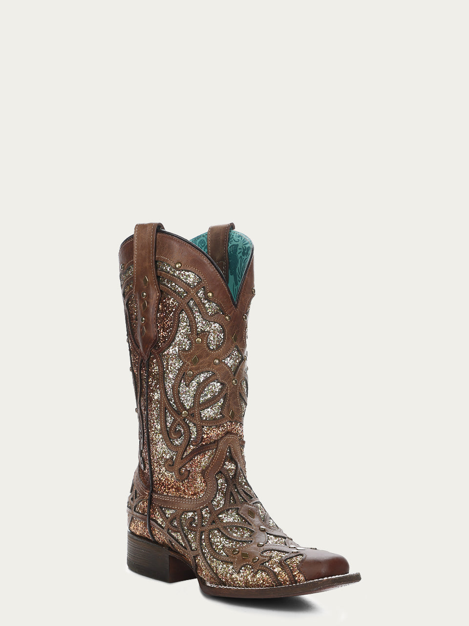 C3275 - WOMEN'S ORIX GLITTERED INLAY AND STUDS BROWN SQUARE TOE COWBOY BOOT