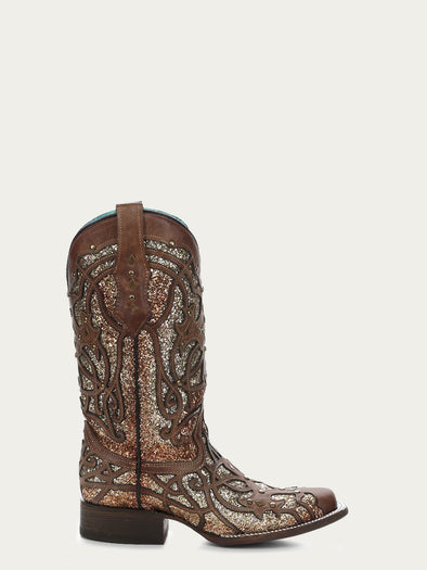 Corral Boots C3405 Women's Bone & Multicolor Inlay & Studs Square Toe Western Boots – Medium Width, Low Heel