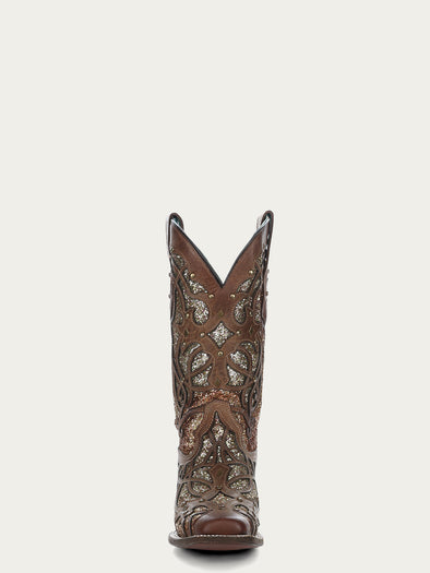 C3275 - WOMEN'S ORIX GLITTERED INLAY AND STUDS BROWN SQUARE TOE