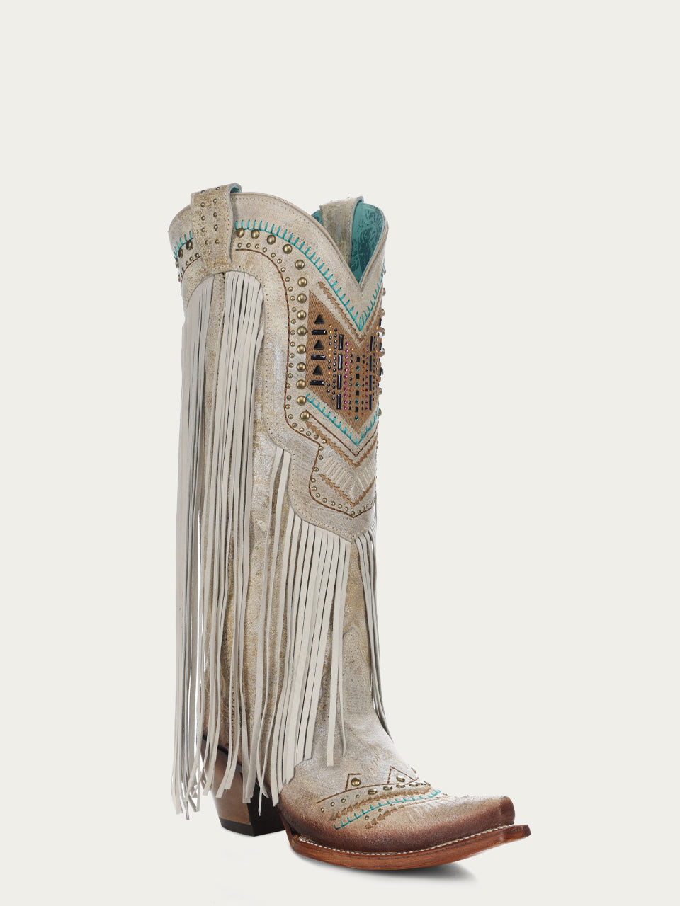 C3424 - WOMEN'S CRYSTALS PATTERN EMBROIDERY AND FRINGE SNIP TOE BROWN COWBOY BOOT