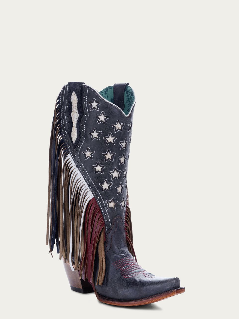 C3749 - WOMEN'S WHITE EMBROIDERY AND STARS INLAY WITH BROWN AND WHITE LAMB FRINGE NAVY BLUE SNIP TOE COWBOY BOOT