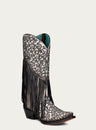 WOMENS OVERLAY BLACK EMBROIDERY LAMB FRINGE WHITE SNIP TOE COWBOY BOOT-C3877