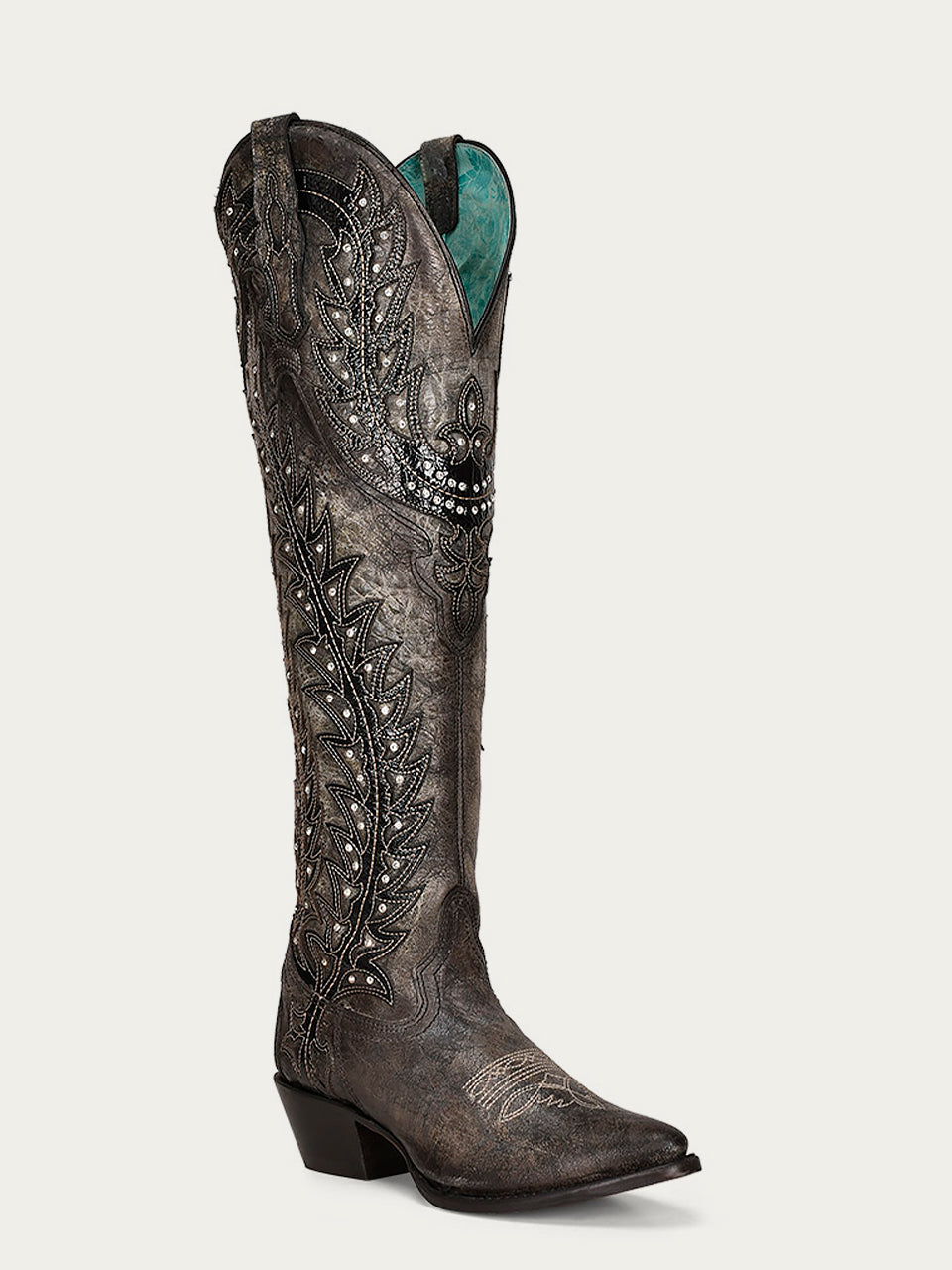 WOMENS OVERLAY EMBROIDERY AND CRYSTALS BLACK TALL TOP POINTED TOE COWBOY BOOT-C3947