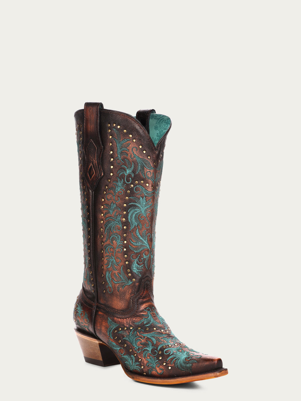 WOMEN'S COPPER EMBROIDERY AND STUDS SNIP TOE COWBOY BOOT-c3973