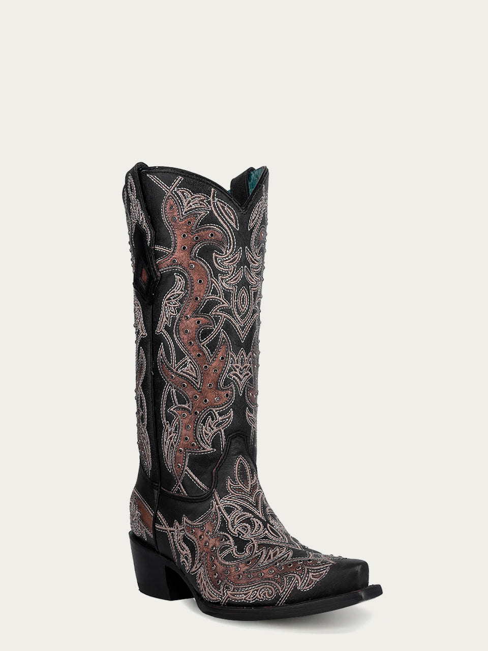 WOMENS COPPER EMBROIDERY AND CRYSTALS SNIP TOE BLACK COWBOY BOOT-C4040