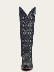 WOMENS WHITE EMBROIDERY BLACK GLITTER OVERLAY TRIAD TALL TOP SNIP TOE COWBOY BOOT-C4049-b