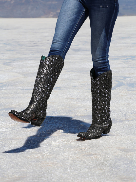 WOMENS WHITE EMBROIDERY BLACK GLITTER OVERLAY TRIAD TALL TOP SNIP TOE COWBOY BOOT-C4049-2