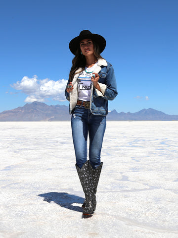 WOMENS WHITE EMBROIDERY BLACK GLITTER OVERLAY TRIAD TALL TOP SNIP TOE COWBOY BOOT-C4049-1