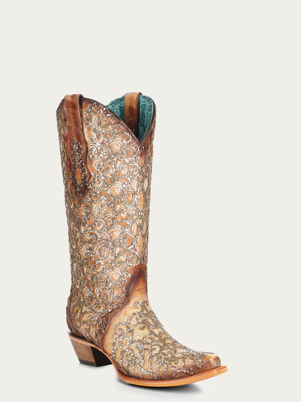 C4051 - WOMEN'S SAND GLITTER OVERLAY AND EMBROIDERY TRIAD SNIP TOE COWBOY BOOT
