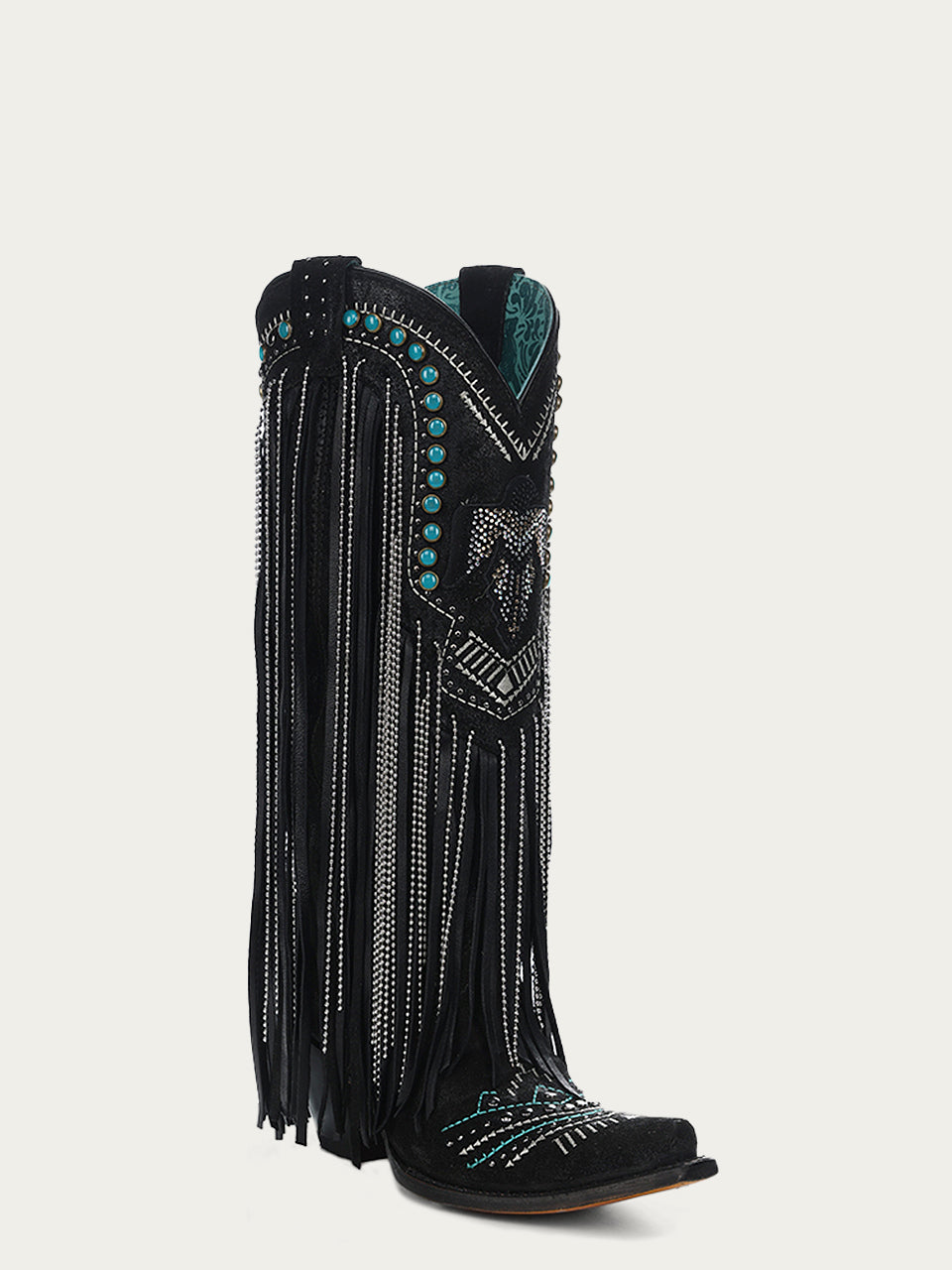 C4087 - WOMEN'S EMBROIDERY EAGLE WITH LAMB AND CRYSTALS FRINGE WITH STUDS SNIP TOE COWBOY BOOT