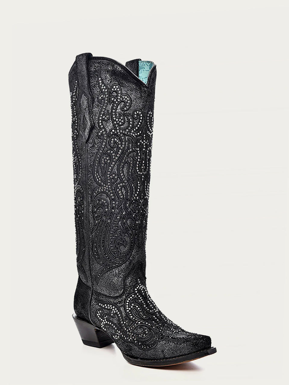 C4097 - WOMEN'S BLACK OVERLAY WITH CRYSTALS TALL TOP SNIP TOE COWBOY BOOT