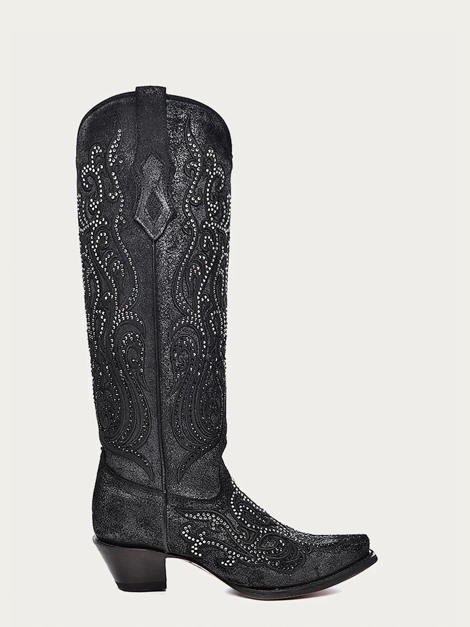 C4097 - WOMEN'S BLACK OVERLAY WITH CRYSTALS TALL TOP SNIP TOE COWBOY BOOT