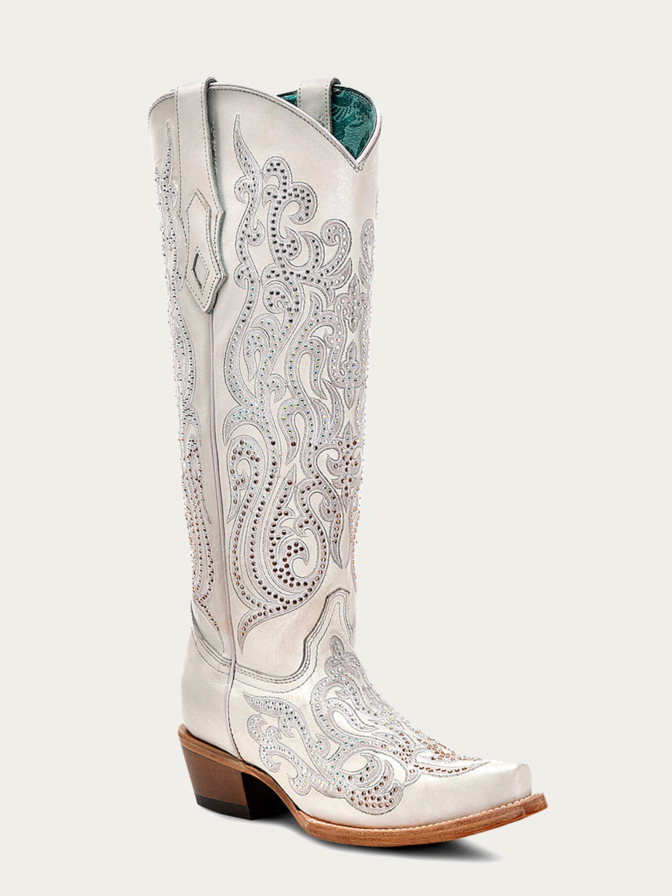 C4099 - WOMEN'S WHITE OVERLAY WITH CRYSTALS TALL TOP SNIP TOE COWBOY BOOT