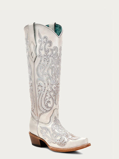 WHITE OVERLAY WITH CRYSTALS TALL TOP womens boots C4099  display picture 1