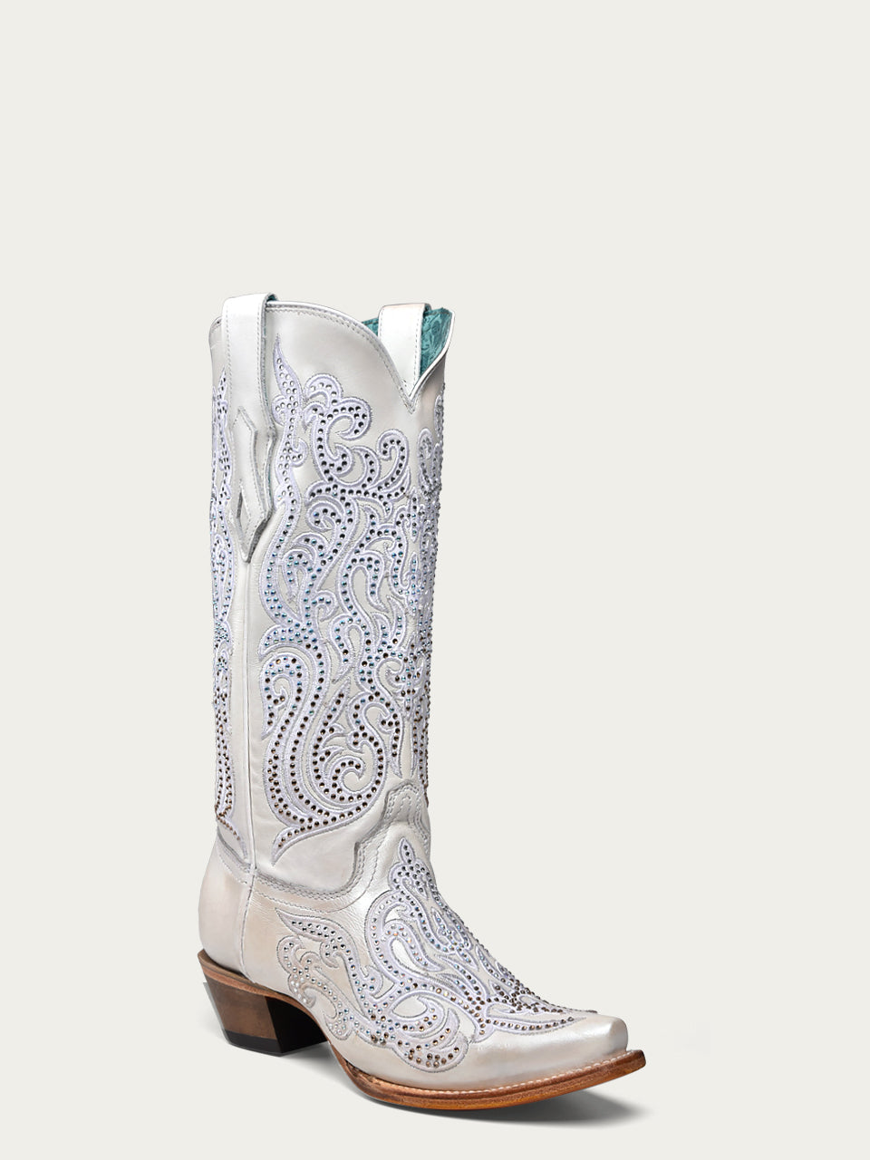 C4103 - WOMEN'S WHITE OVERLAY EMBROIDERY AND CRYSTALS SNIP TOE BOOT