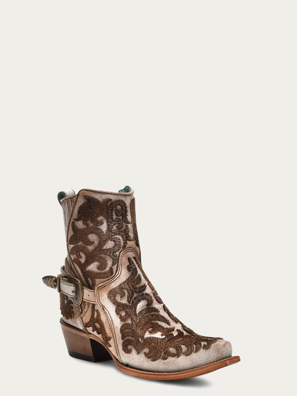 C4108 - WOMEN'S BROWN 3D BRISTLE EMBROIDERY WITH STRAP AND ZIPPER DISTRESSED BEIGE SNIP TOE ANKLE BOOT