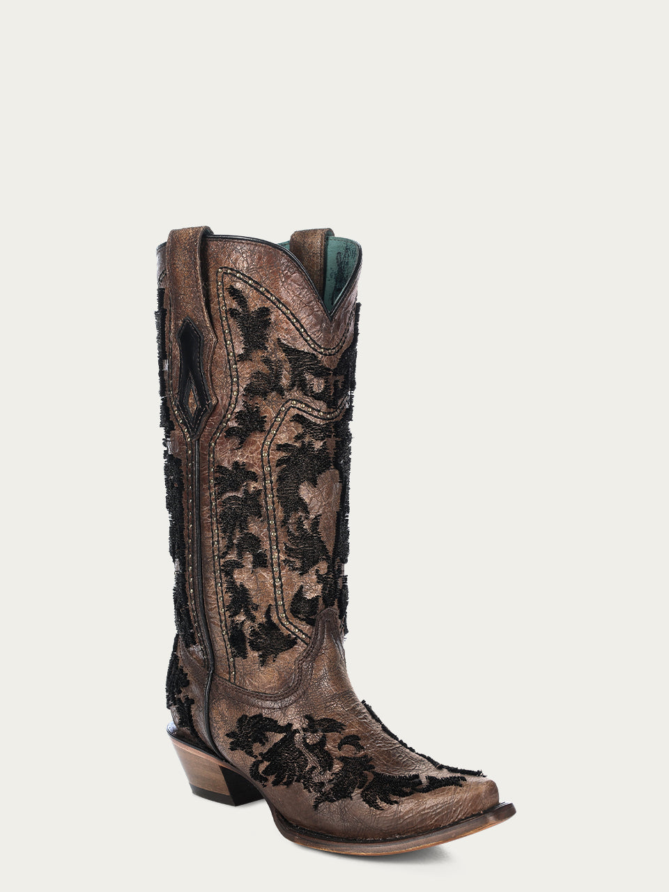 C4132 - WOMEN'S COGNAC 3D BRISTLE EMBROIDERY WITH STRAP AND ZIPPER CRACKLED GOLD SNIP TOE COWBOY BOOT