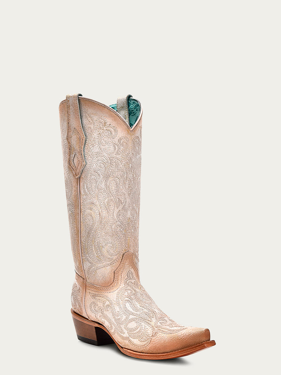 C4143 - WOMEN'S PINK LUMINESCENT EMBROIDERY CRACKLED STRAW SNIP TOE COWBOY BOOT