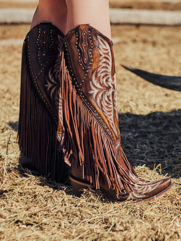 C4165 WOMEN'S EAGLE EMBROIDERY STUDS AND LAMB FRINGES HONEY TALL