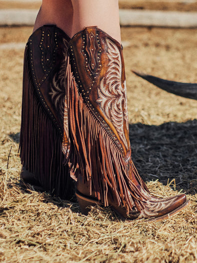 C4165 - WOMEN'S EAGLE EMBROIDERY STUDS AND LAMB FRINGES HONEY TALL