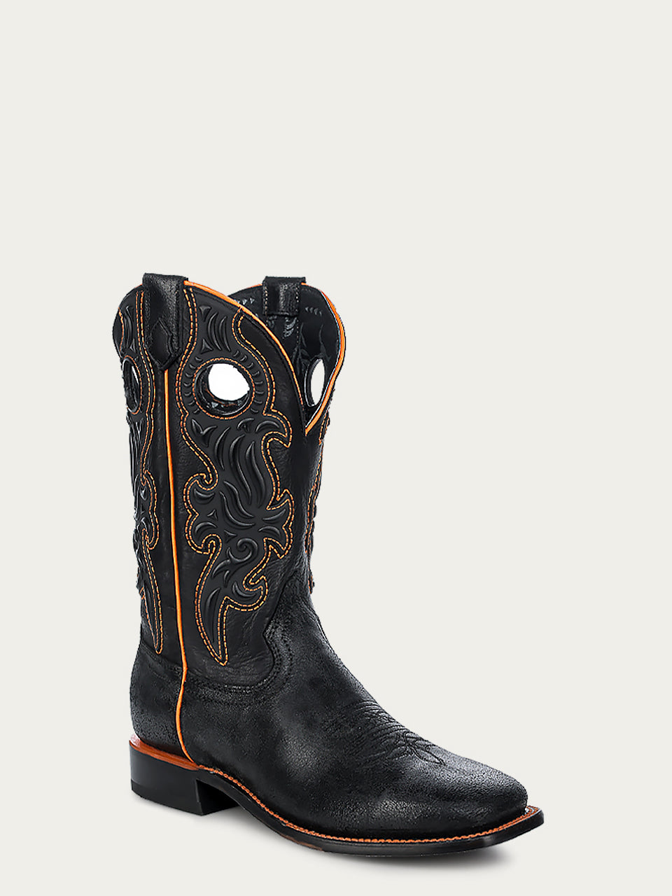 C4198 - MEN'S ORANGE RUBBER APPLICATION OVERLAY BLACK SQUARE TOE COWBOY BOOT WITH PULL HOLES