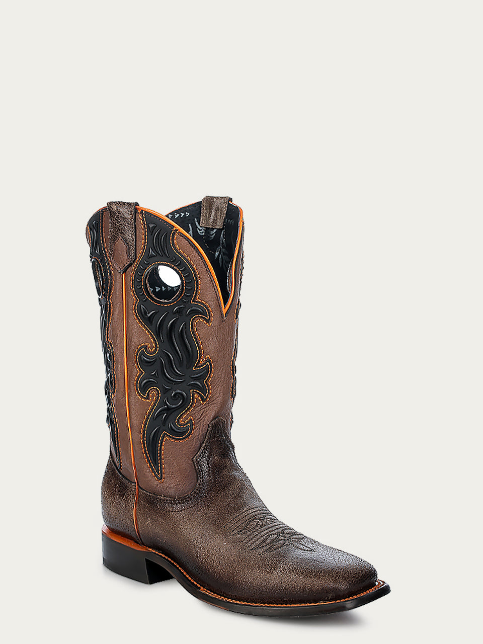 C4199 - MEN'S ORANGE EMBROIDERY BLACK RUBBER APPLICATION OVERLAY BROWN SQUARE TOE COWBOY BOOT WITH PULL HOLES