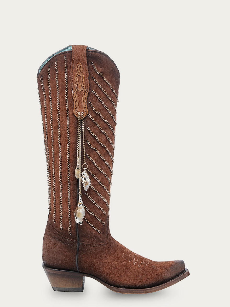 WOMENS EMBROIDERY AND DELICATE CHAIN DETAILS WITH SHELL HANGING TALL TOP BROWN SNIP TOE COWBOY BOOT-C4228-A