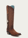 WOMENS EMBROIDERY AND DELICATE CHAIN DETAILS WITH SHELL HANGING TALL TOP BROWN SNIP TOE COWBOY BOOT-C4228
