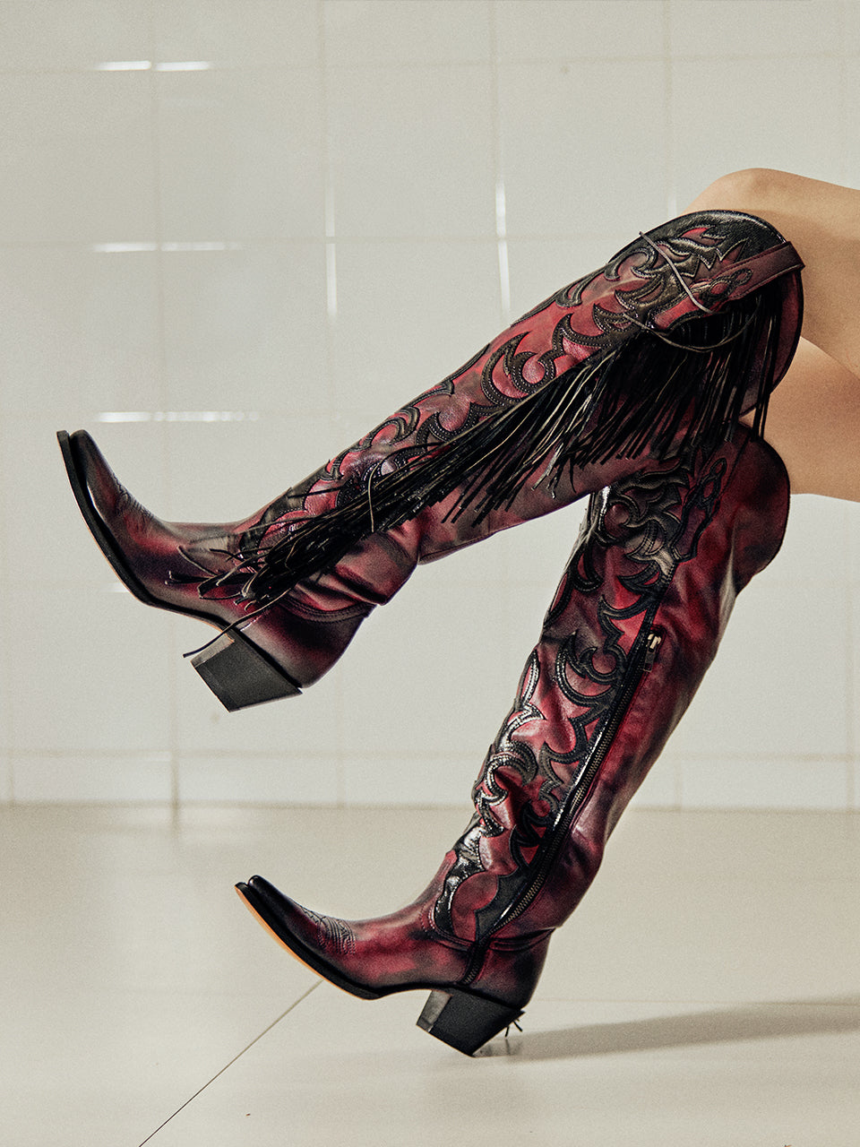 Z5453 - WOMEN'S RED EMBROIDERY AND OVERLAY WITH FRINGE TALL TOP POINTED LAMB COWBOY BOOT