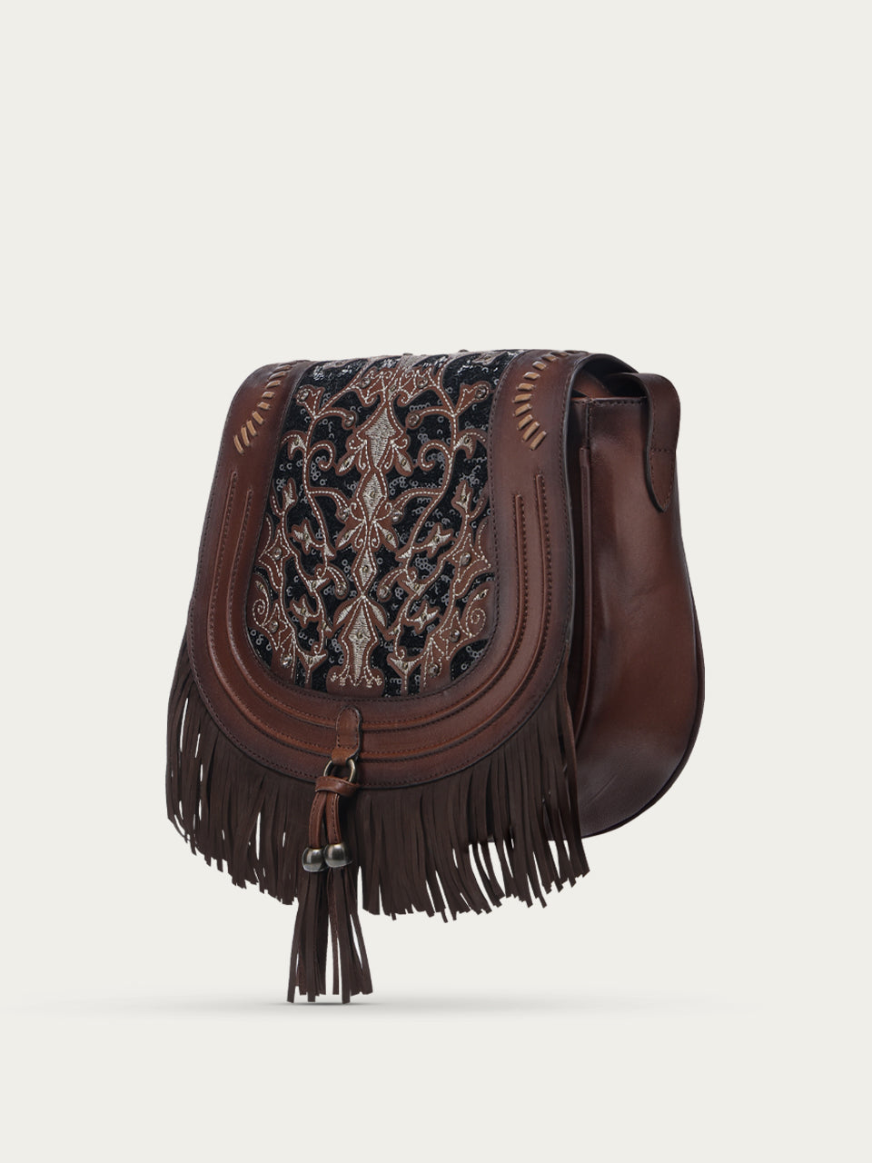 LADIES EMBROIDERY GLITTER INLAY, STUDS, WITH WOVEN DETAIL CHOCOLATE FRINGE SADDLE BAG-D1347