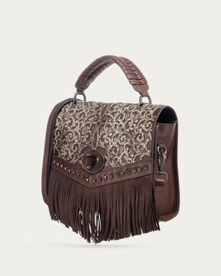 LADIES CHOCOLATE FRINGE AND OVERLAY GLITTLER SADDLE BAG-D1348-2