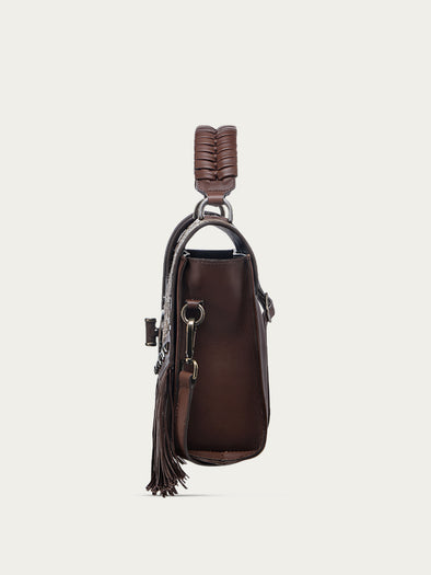 D1348 - WOMNE'S CHOCOLATE FRINGE AND OVERLAY GLITTLER SADDLE BAG