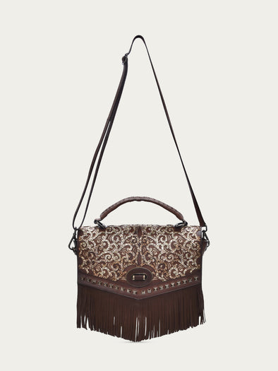 D1348 - WOMNE'S CHOCOLATE FRINGE AND OVERLAY GLITTLER SADDLE BAG