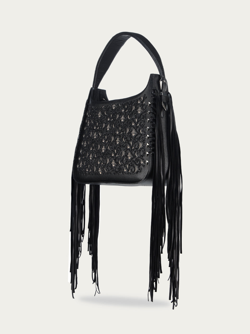 LADIES BLACK FRINGE AND OVERLAY GLITTLER SADDLE BAG-D1349