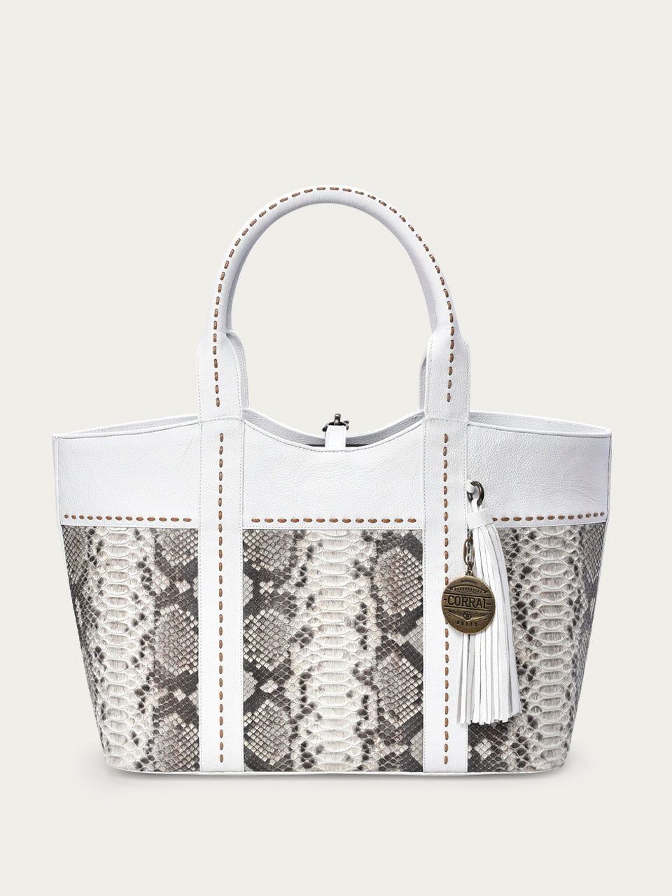 LADIES WHITE PYTHON TASSEL TOTE BAG-D1351-2