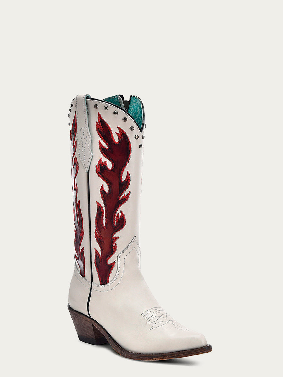 F1380 - WOMEN'S RED EMBROIDERY AND STUDS OVERLAY WHITE POINTED TOE COWBOY BOOT