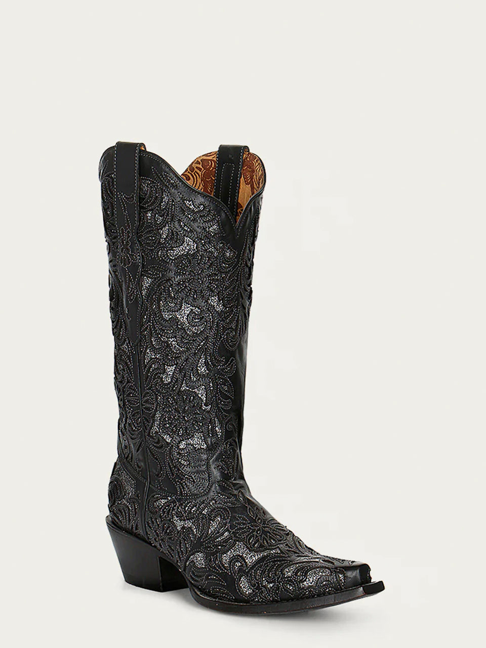 WOMENS SILVER FULL GLITTER INLAY BLACK SNIP TOE COWBOY BOOT-G1417