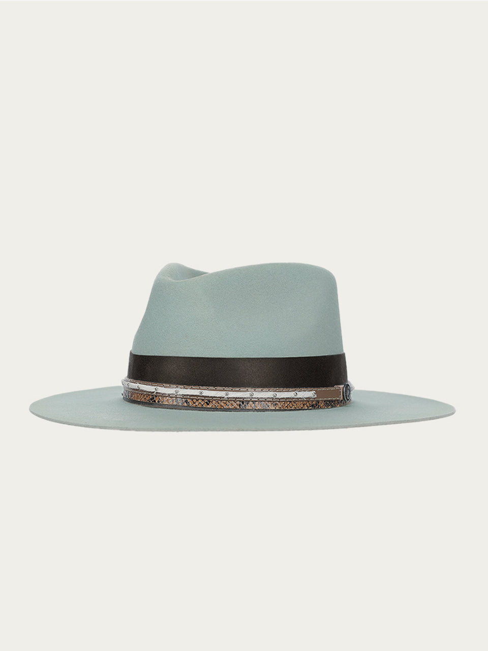 H0002 - DISTRESSED AQUA HEART AND WINGS ON CROWN COWGIRL HAT WITH BROWN LEATHER CROSSPIECE AND PYTHON PRINT HATBAND