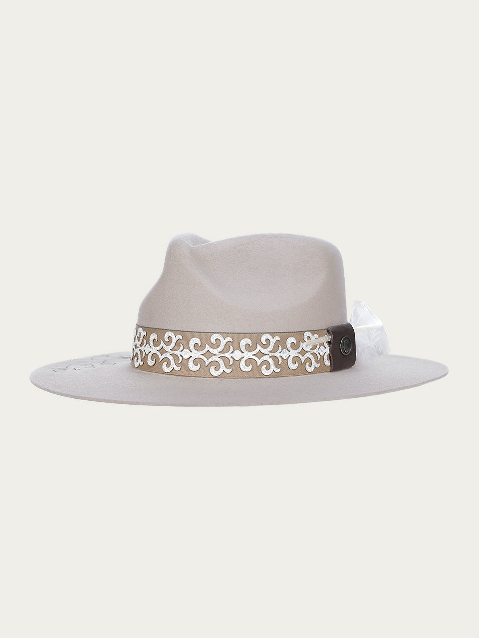 H0005 - TAN COWGIRL HAT WITH BROWN FLORAL EMBROIDERY GLITTERED OVERLAY HATBAND