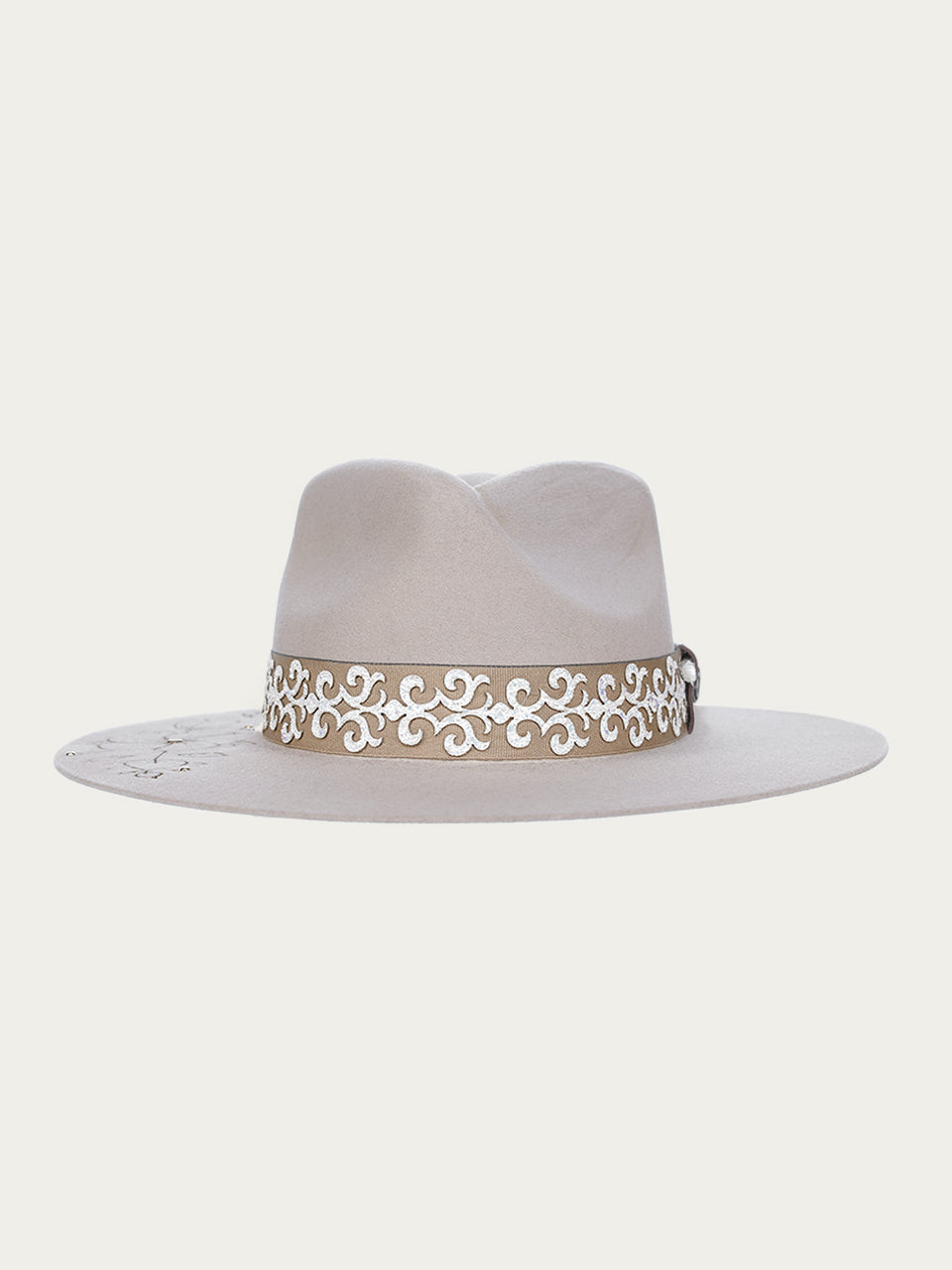 H0005 - TAN COWGIRL HAT WITH BROWN FLORAL EMBROIDERY GLITTERED OVERLAY HATBAND