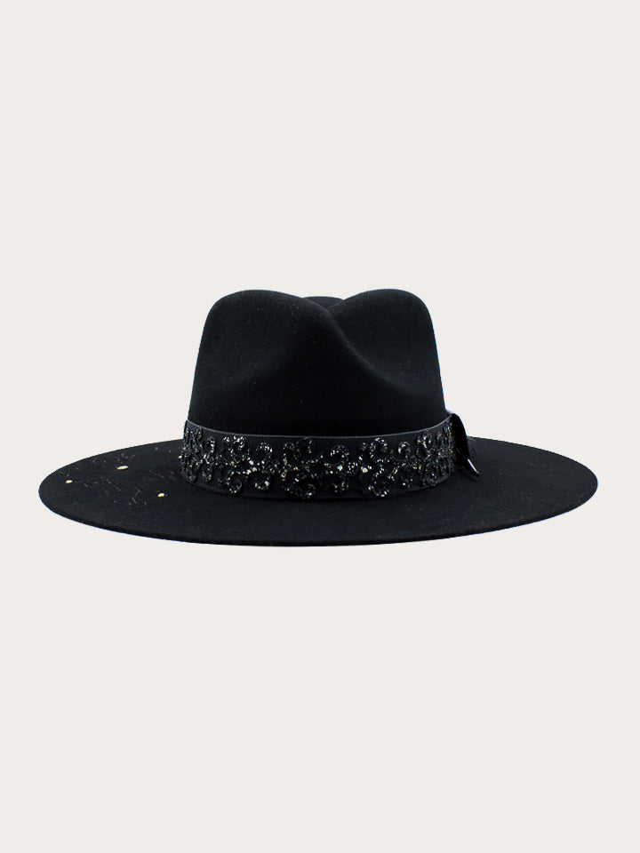 H0006 - BLACK COWGIRL HAT WITH BROWN FLORAL EMBROIDERY GLITTERED OVERLAY HATBAND WITH BROWN FEATHER