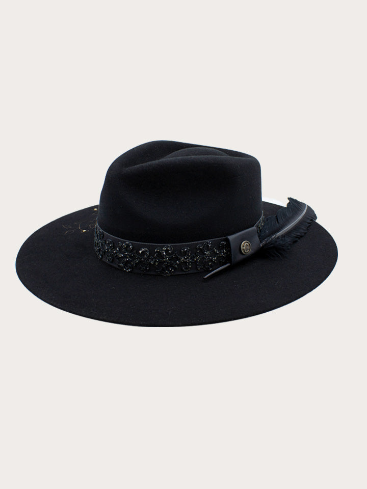 H0006 - BLACK COWGIRL HAT WITH BROWN FLORAL EMBROIDERY GLITTERED OVERLAY HATBAND WITH BROWN FEATHER