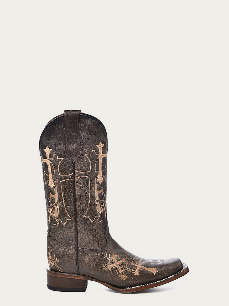 L5042 - WOMEN BROWN AND BEIGE SIDE CROSS EMBROIDERY SQUARE TOE CIRCLE G COWBOY BOOT