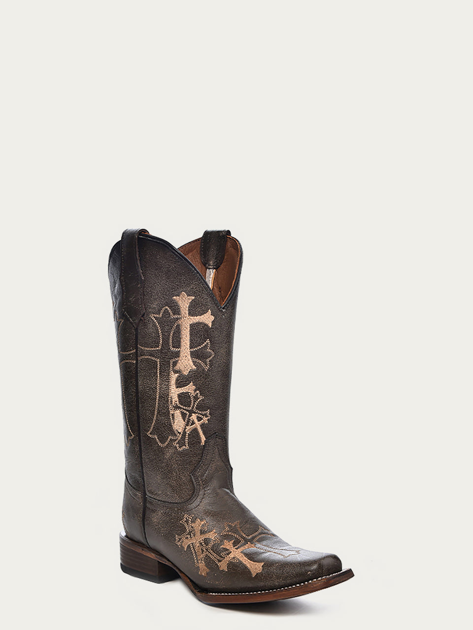 L5042 - WOMEN BROWN AND BEIGE SIDE CROSS EMBROIDERY SQUARE TOE CIRCLE G COWBOY BOOT