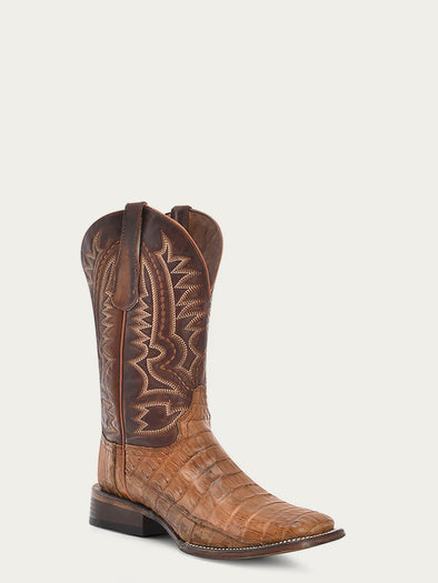 L6141 - MEN'S EMBROIDERY TAN CAIMAN INSTEP SHEDRON WIDE SQUARE TOE
