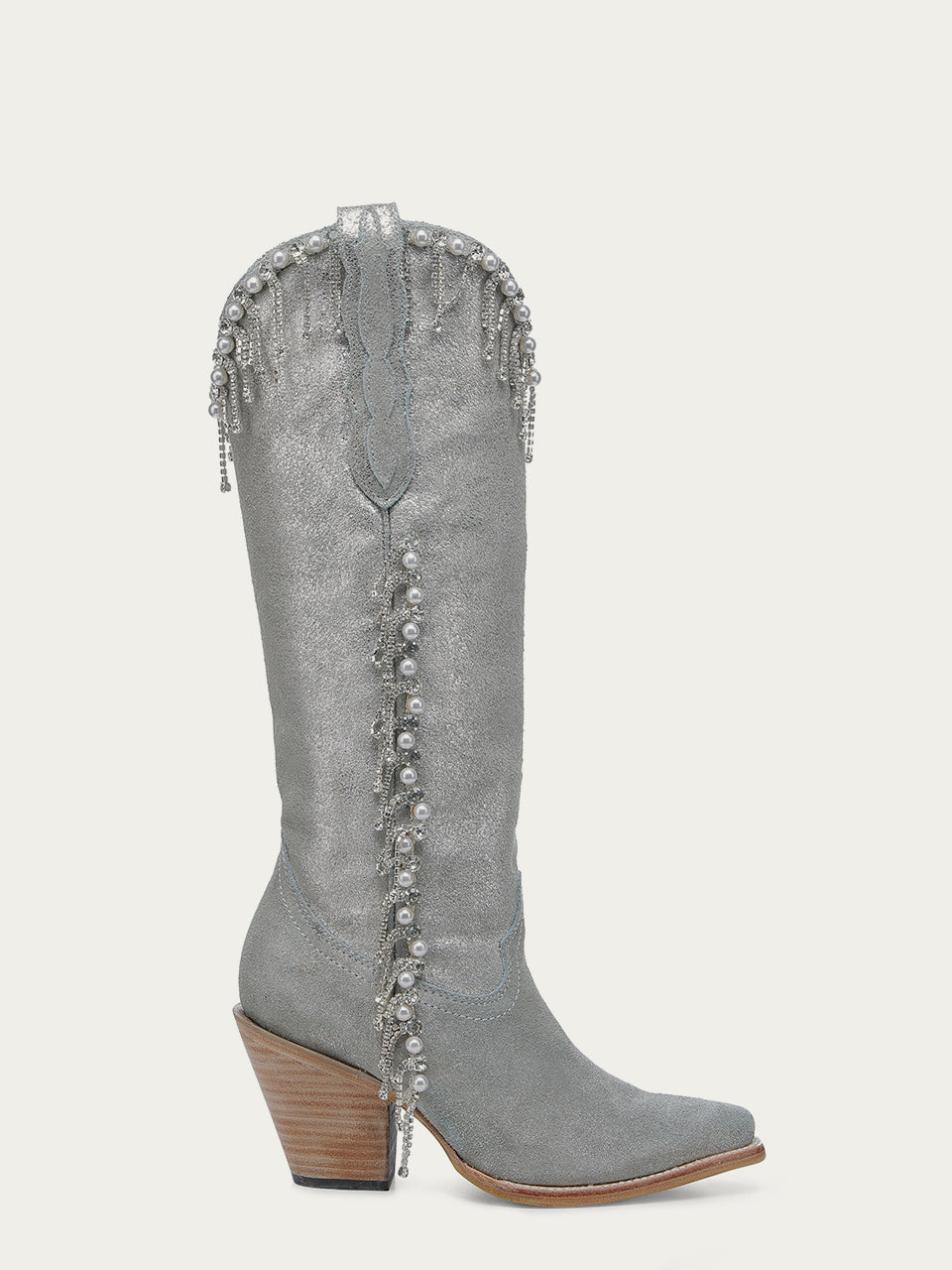 LADIES CRYSTALS AND PEARLS TALL TOP SILVER POINTED TOE COWBOY BOOT-Z5378-a