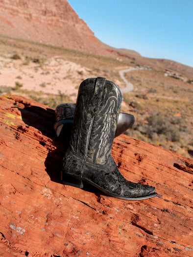 A4116 - MEN'S BLACK ALLIGATOR INLAY AND EMBROIDERY SNIP TOE COWBOY